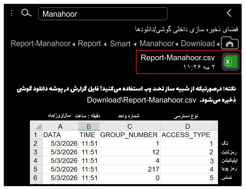 محل ذخیره فایل گزارش تردد همراه با تصویر نمونه گزارش همراه با توضیح