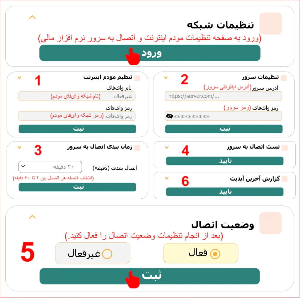 راهنمای تنظیمات شبکه شامل اتصال به مودم، سرور و زمانبدندی اتصال