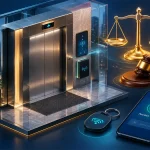نماد آسانسور و کنترل دسترسی و مدیریت هوشمند با موبایل و نماد ترازوی قانون شارژ آپارتمان